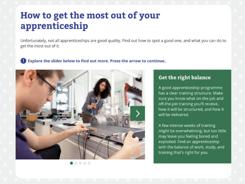 Guide showing criteria for spotting a good apprenticeship.