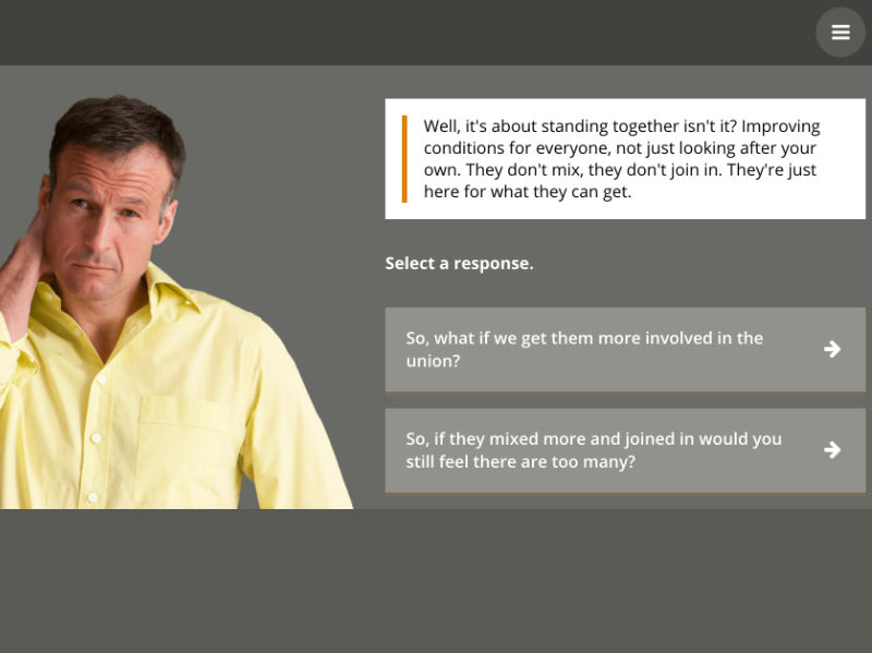 Another consequence from a branching scenario as the learner tries to understand Dave's concerns about immigration.